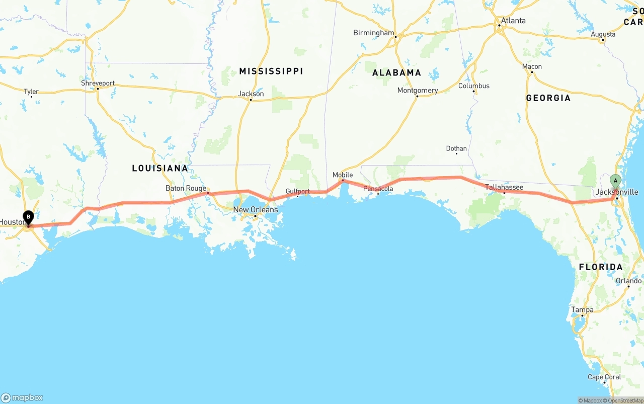 Shipping route from Jacksonville International Airport to Houston