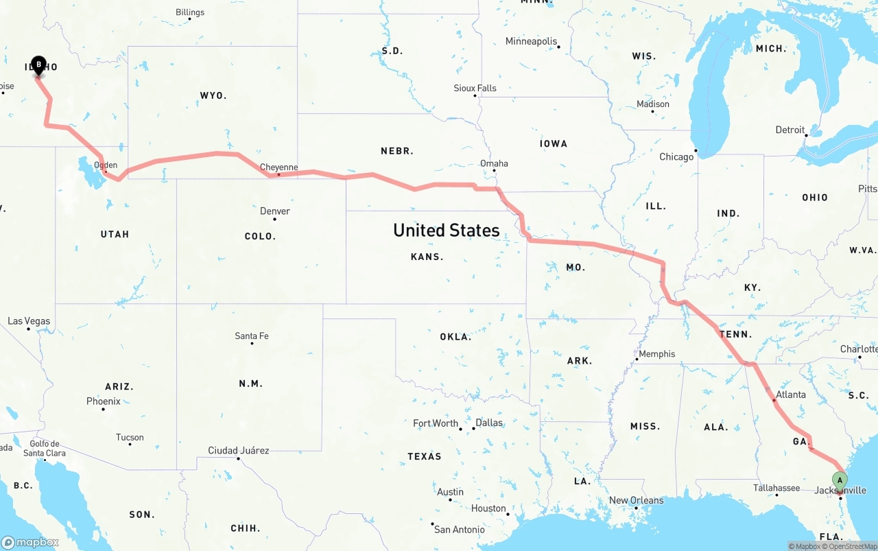 Shipping route from Jacksonville International Airport to Idaho