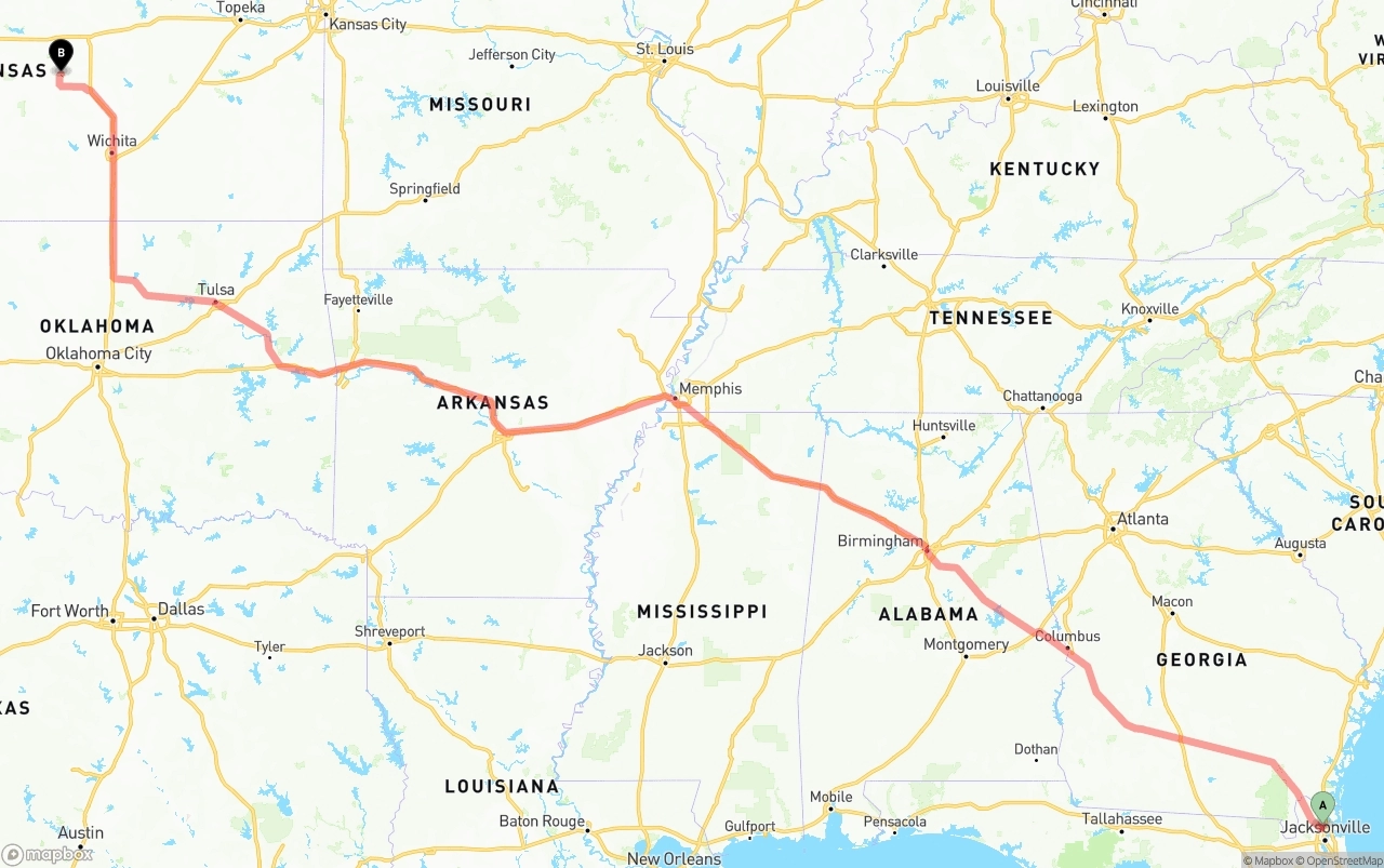Shipping route from Jacksonville International Airport to Kansas