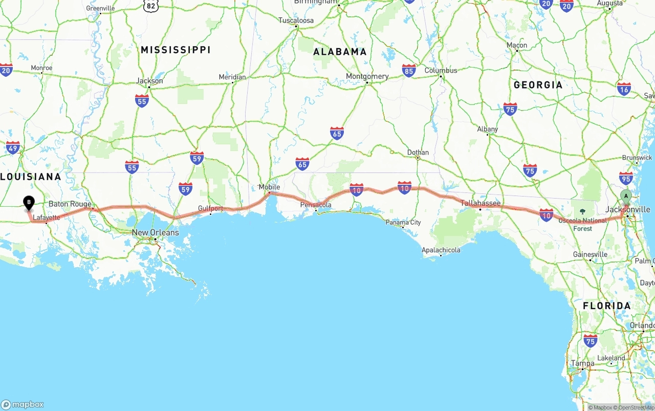 Shipping route from Jacksonville International Airport to Louisiana