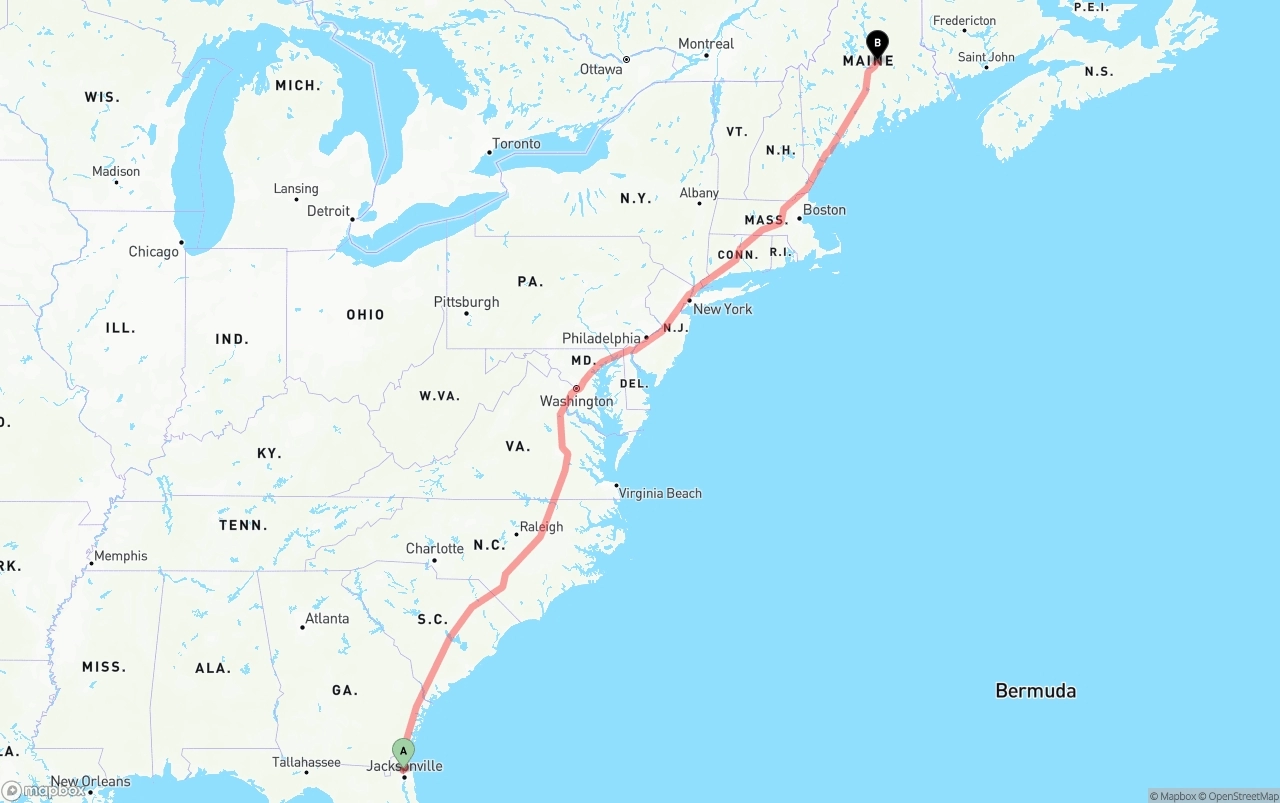 Shipping route from Jacksonville International Airport to Maine
