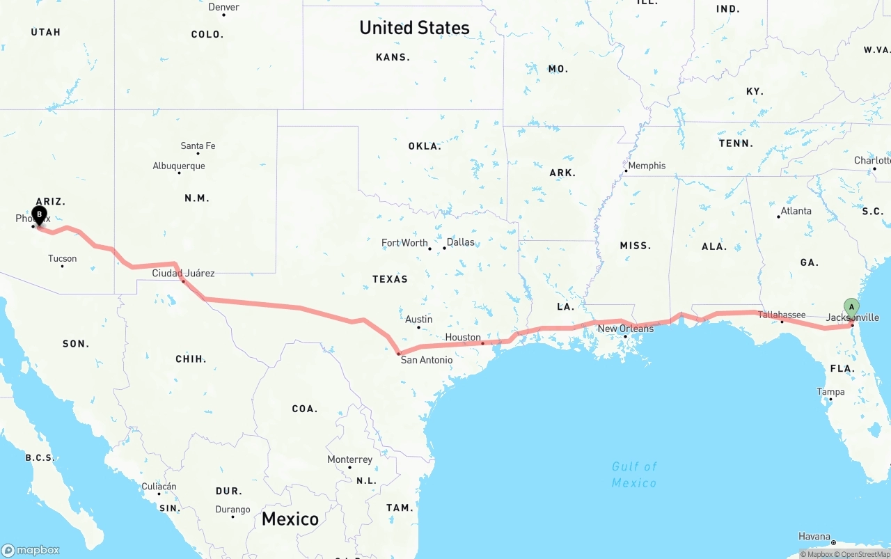 Shipping route from Jacksonville International Airport to Mesa