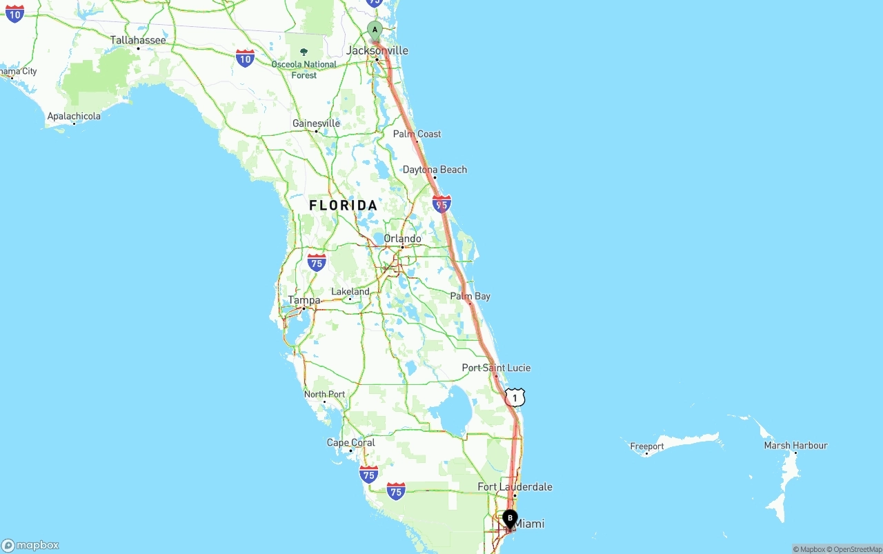 Shipping route from Jacksonville International Airport to Miami