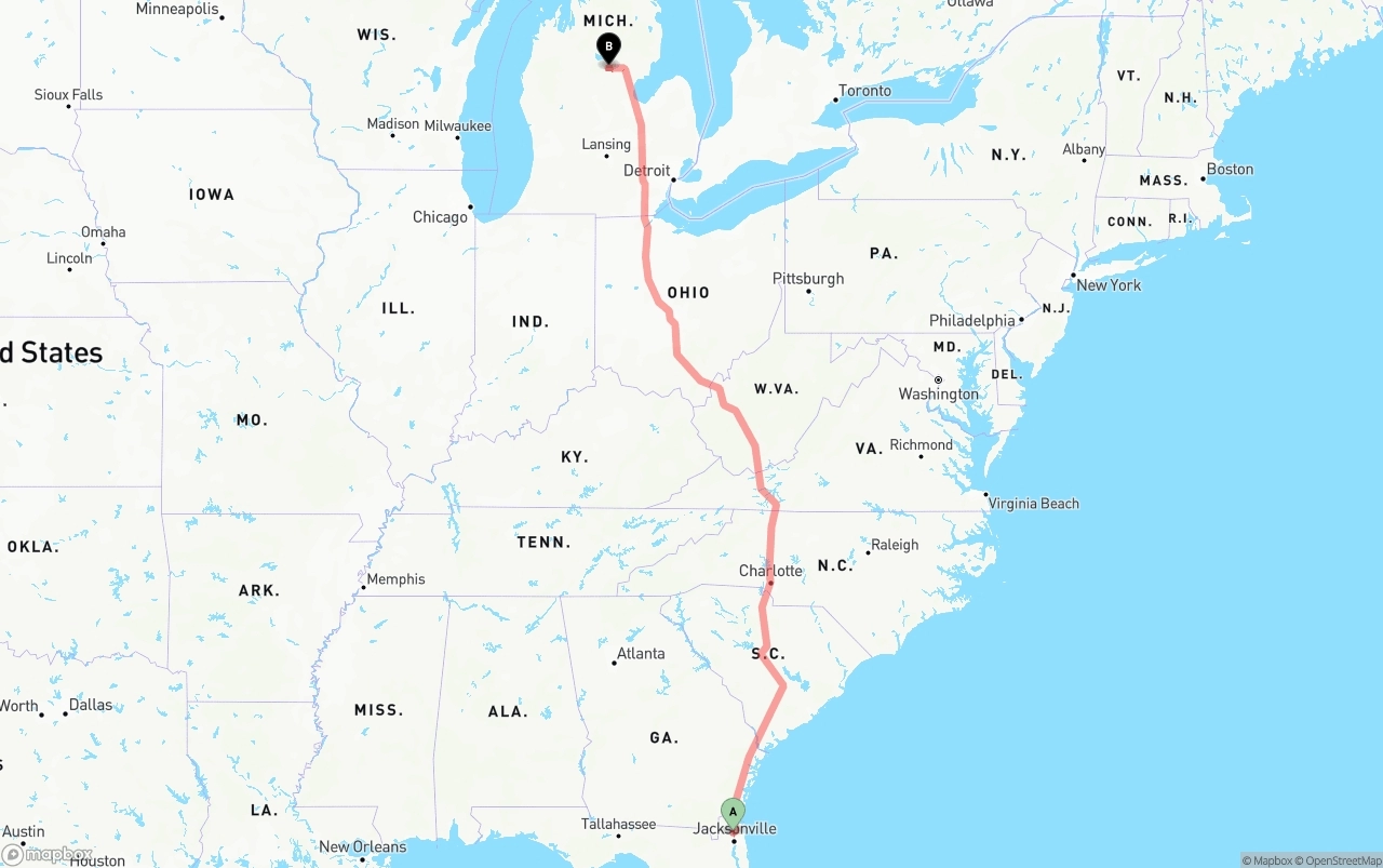 Shipping route from Jacksonville International Airport to Michigan