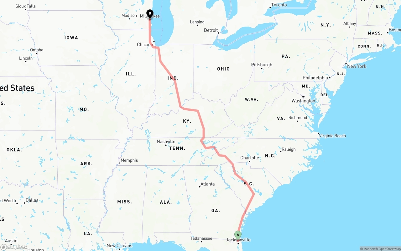 Shipping route from Jacksonville International Airport to Milwaukee