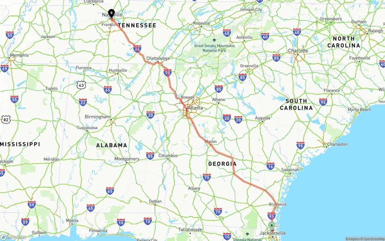 Shipping route from Jacksonville International Airport to Nashville