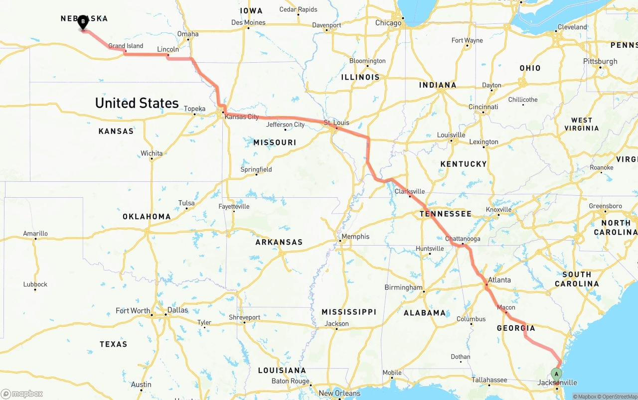 Shipping route from Jacksonville International Airport to Nebraska