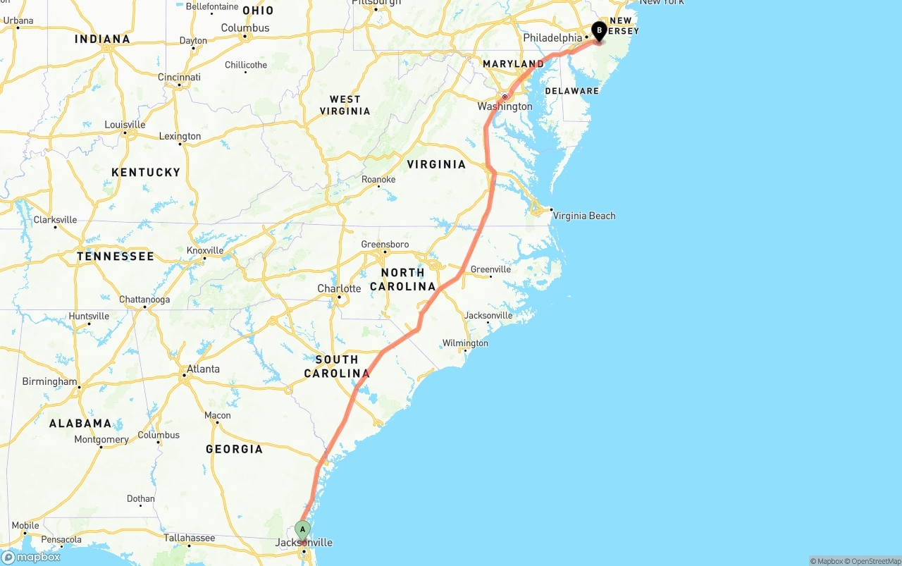 Shipping route from Jacksonville International Airport to New Jersey