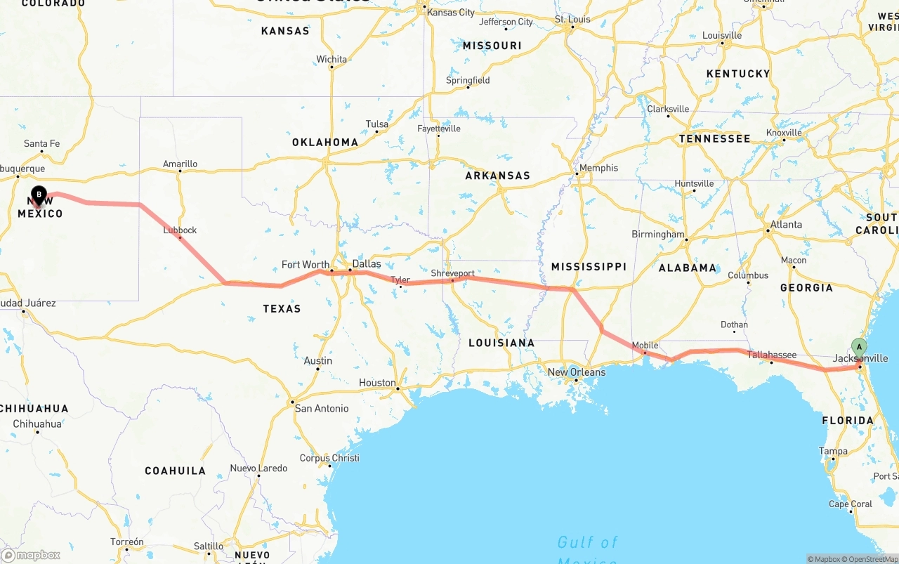 Shipping route from Jacksonville International Airport to New Mexico