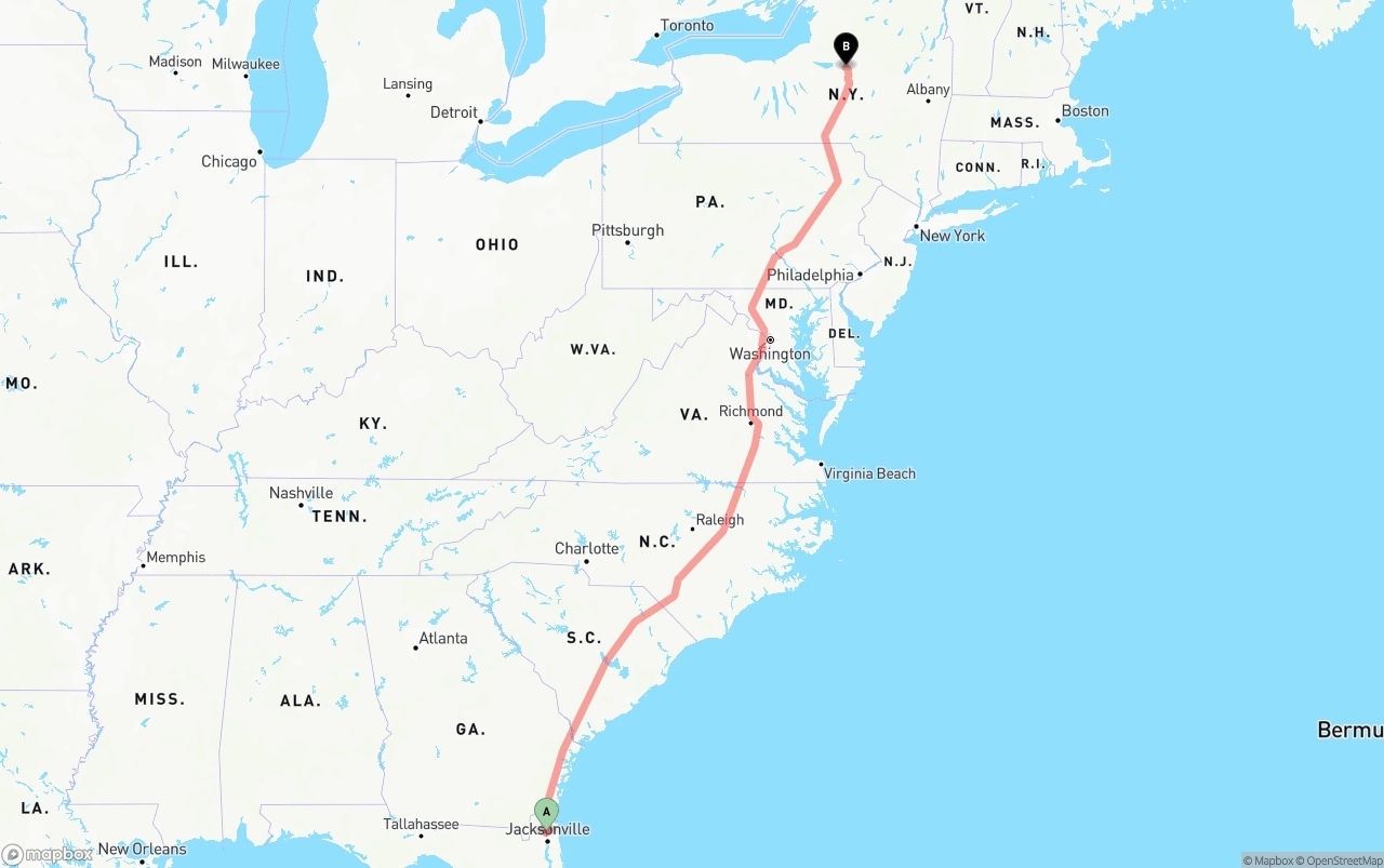 Shipping route from Jacksonville International Airport to New York