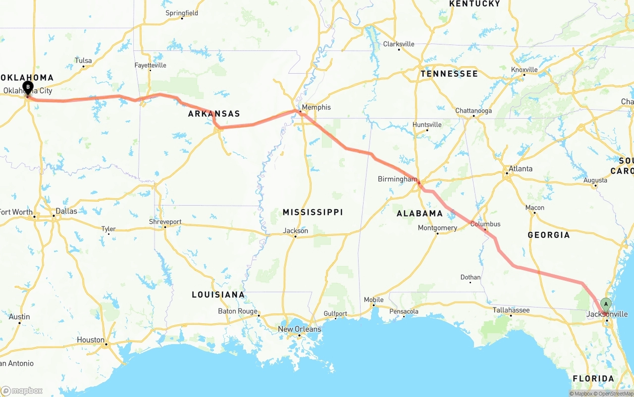 Shipping route from Jacksonville International Airport to Oklahoma City