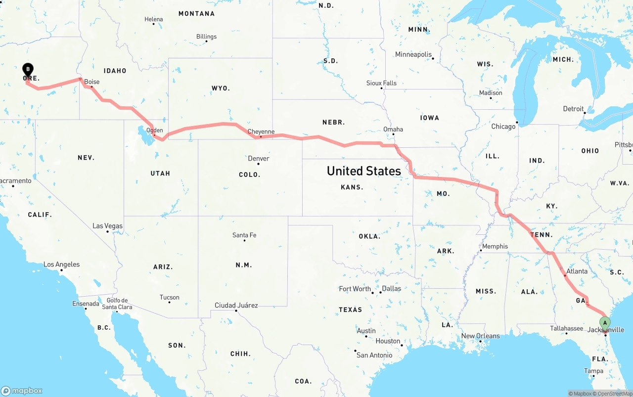 Shipping route from Jacksonville International Airport to Oregon