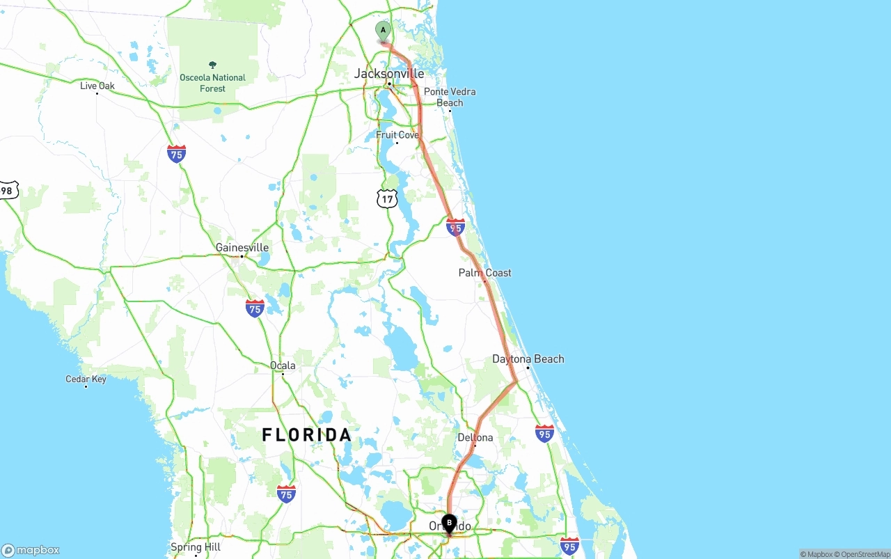 Shipping route from Jacksonville International Airport to Orlando