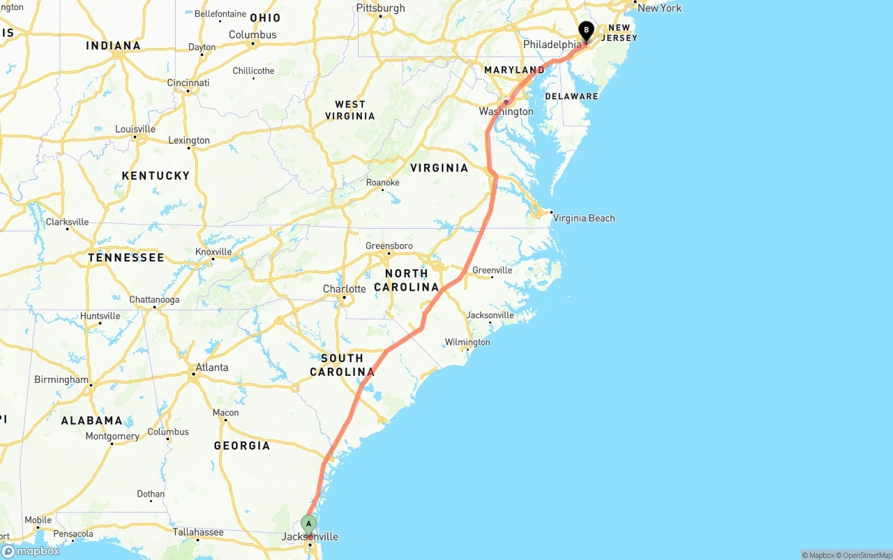 Shipping route from Jacksonville International Airport to Philadelphia