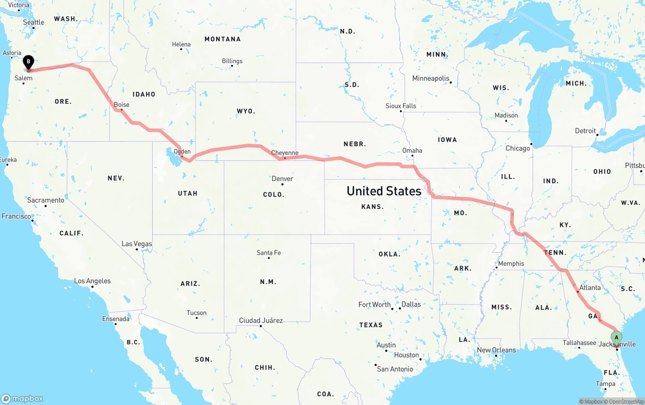 Shipping route from Jacksonville International Airport to Portland