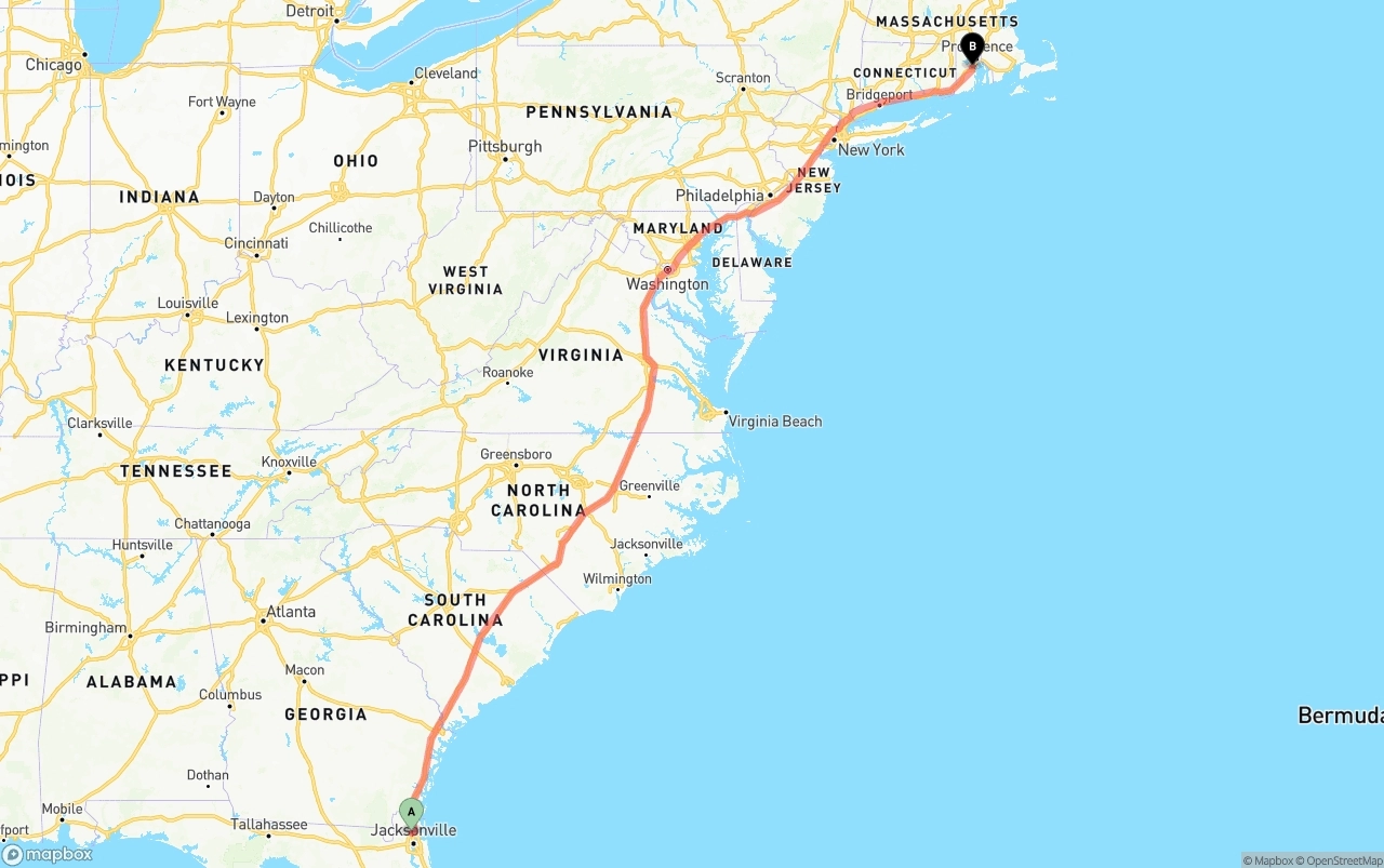 Shipping route from Jacksonville International Airport to Rhode Island