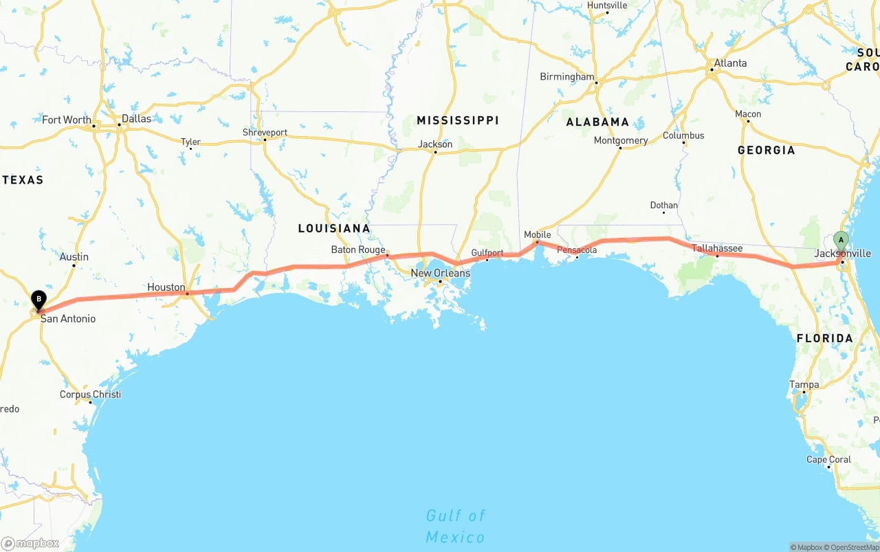 Shipping route from Jacksonville International Airport to San Antonio