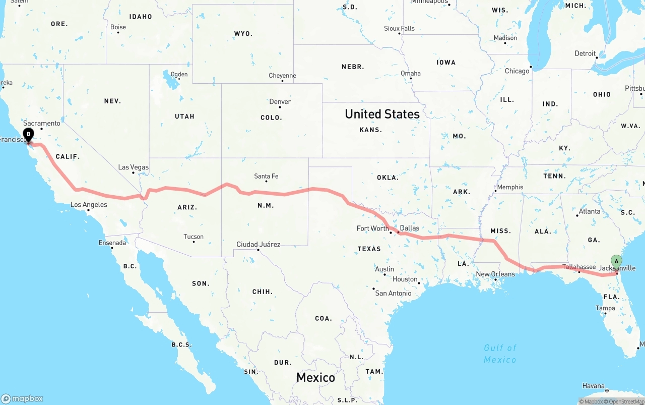 Shipping route from Jacksonville International Airport to San Francisco