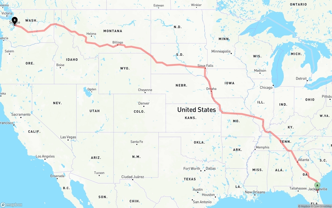 Shipping route from Jacksonville International Airport to Seattle