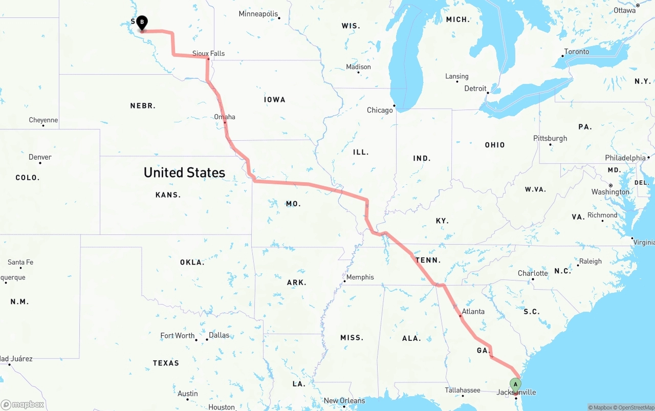 Shipping route from Jacksonville International Airport to South Dakota