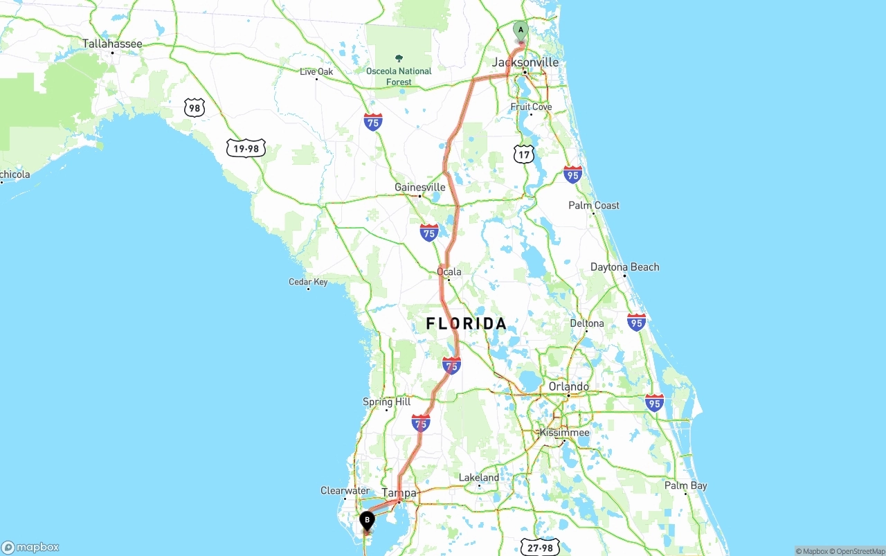 Shipping route from Jacksonville International Airport to St. Petersburg