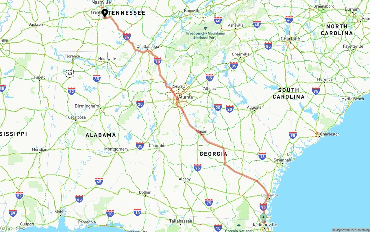 Shipping route from Jacksonville International Airport to Tennessee