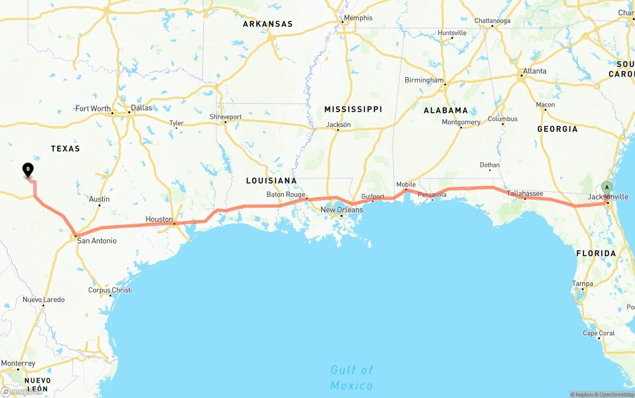 Shipping route from Jacksonville International Airport to Texas