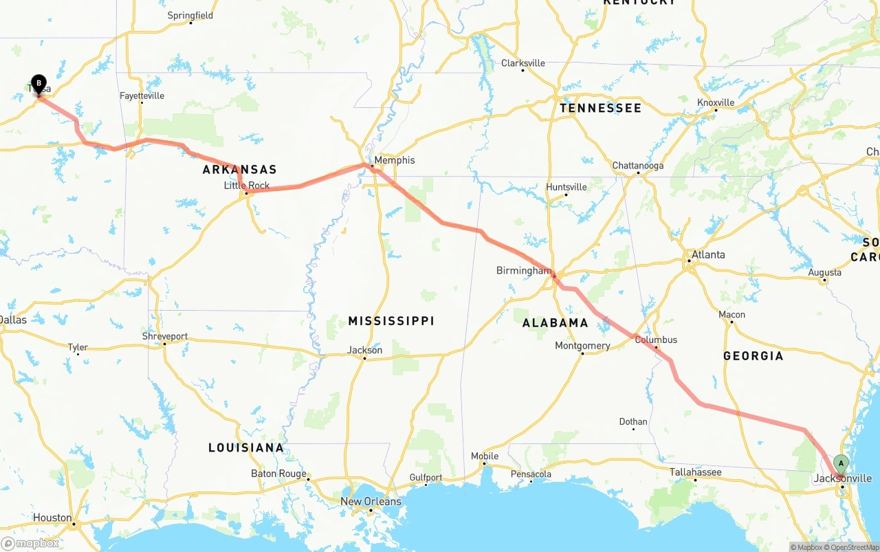 Shipping route from Jacksonville International Airport to Tulsa
