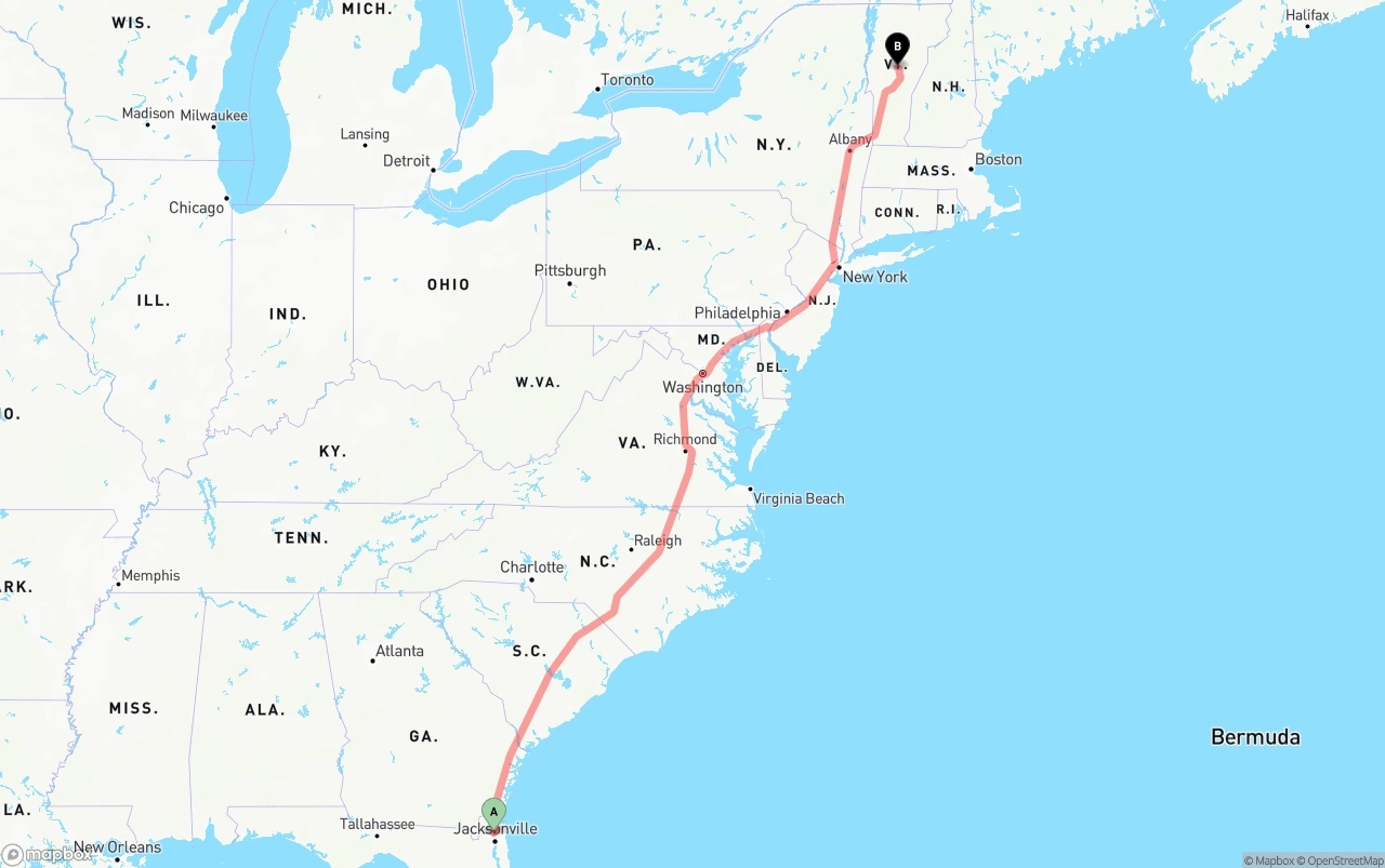 Shipping route from Jacksonville International Airport to Vermont