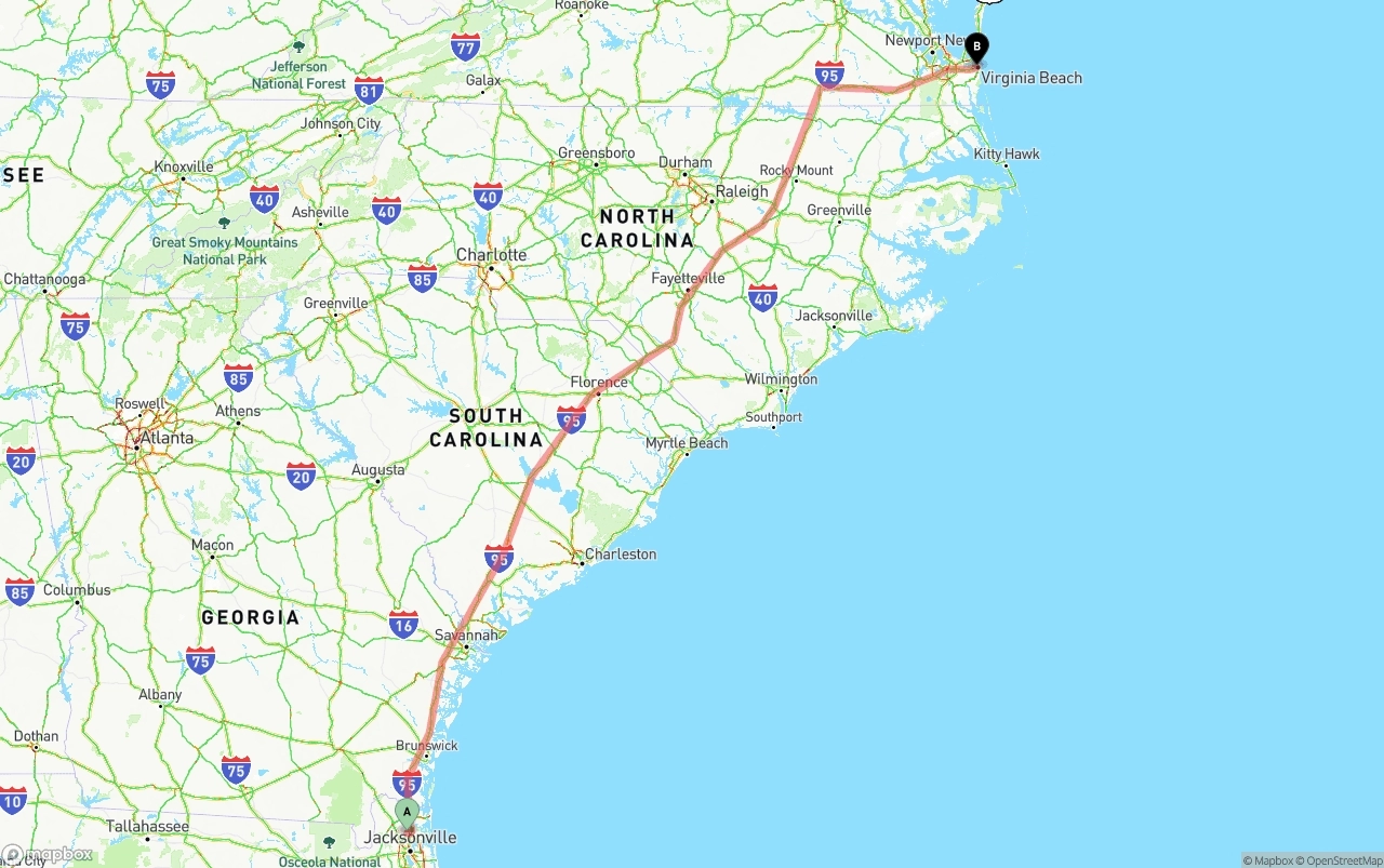 Shipping route from Jacksonville International Airport to Virginia Beach
