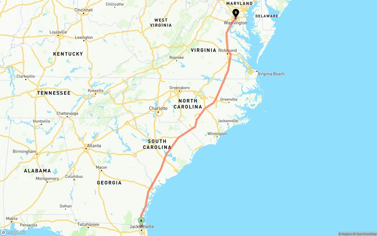 Shipping route from Jacksonville International Airport to Washington D.C.
