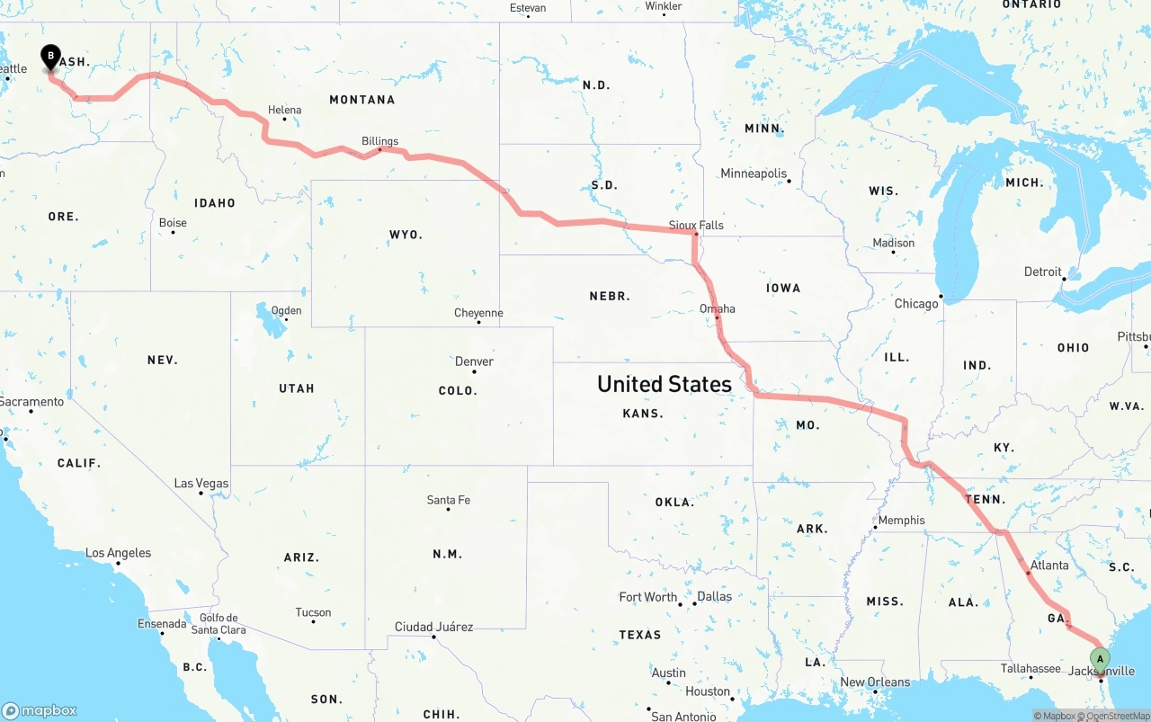 Shipping route from Jacksonville International Airport to Washington