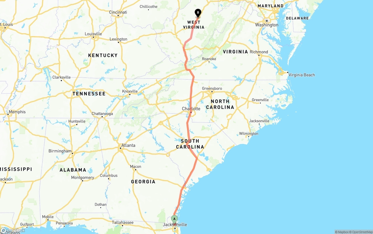 Shipping route from Jacksonville International Airport to West Virginia