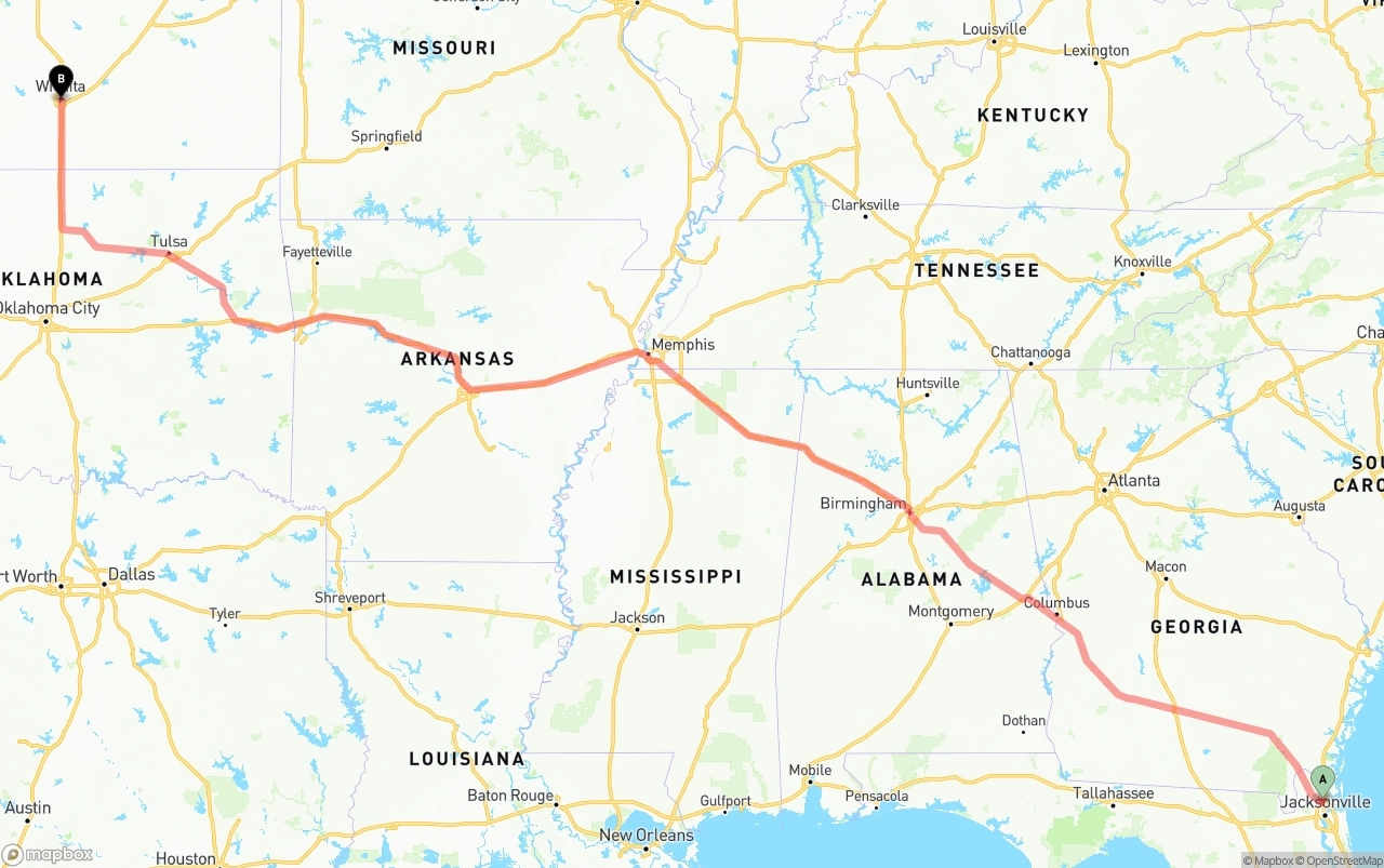 Shipping route from Jacksonville International Airport to Wichita