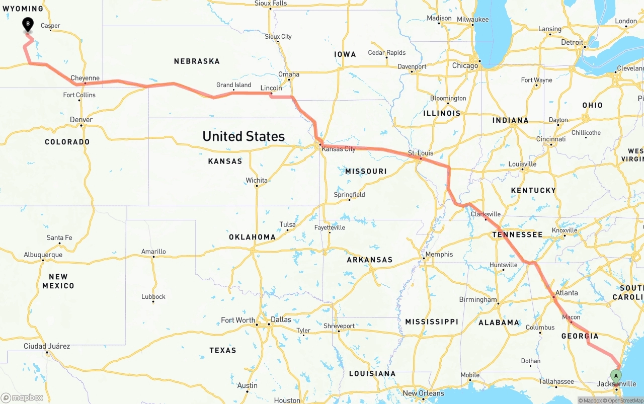 Shipping route from Jacksonville International Airport to Wyoming