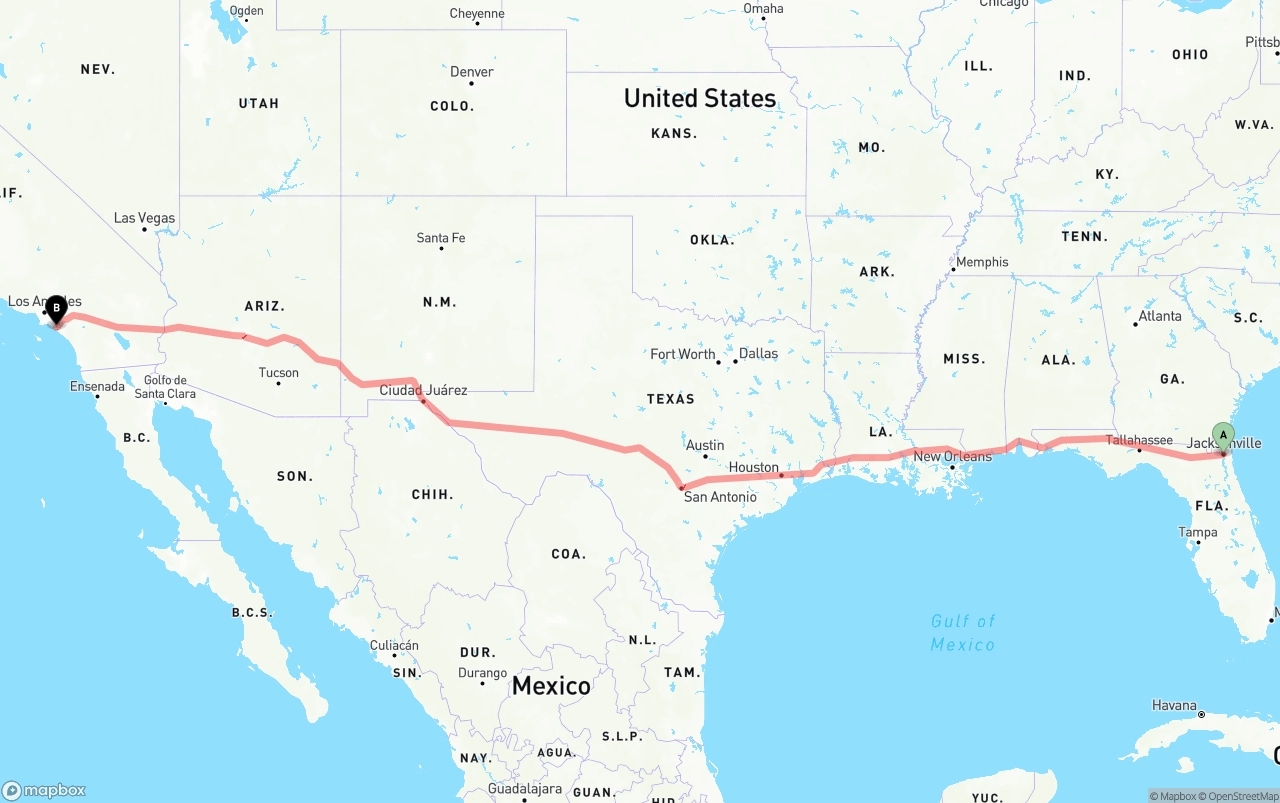 Shipping route from Jacksonville to John Wayne Airport — Orange County