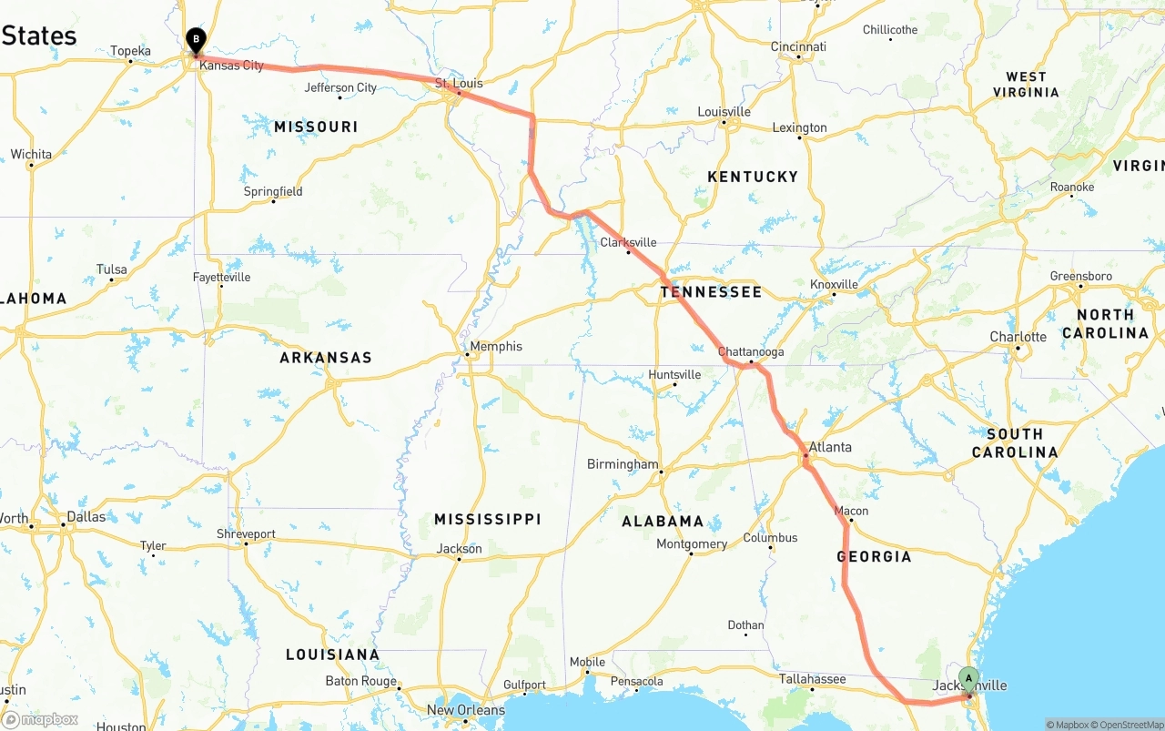 Shipping route from Jacksonville to Kansas City