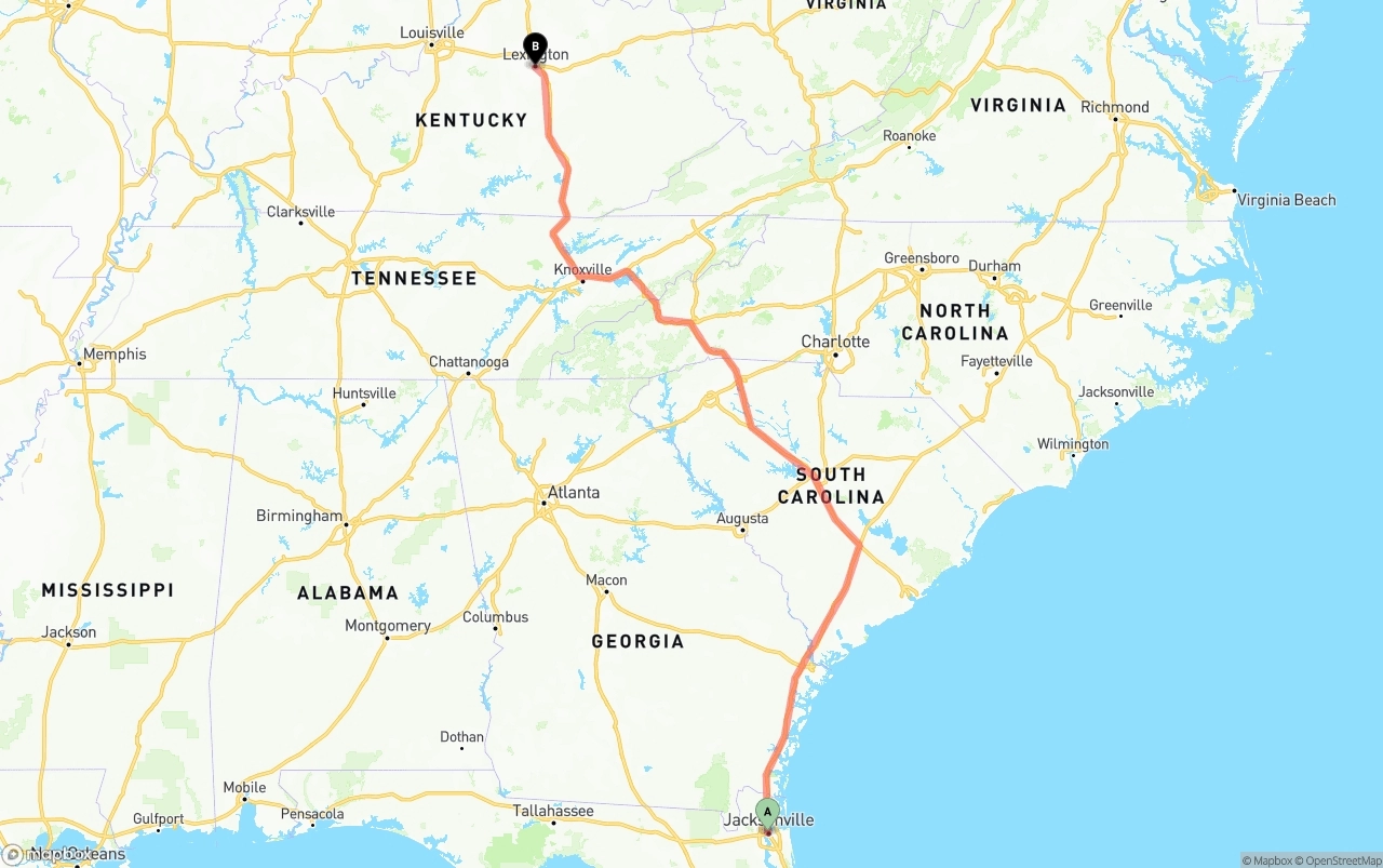 Shipping route from Jacksonville to Lexington