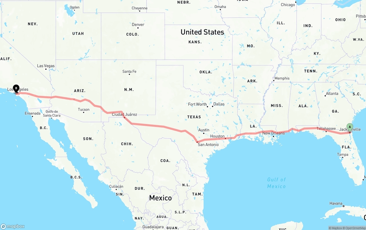 Shipping route from Jacksonville to Los Angeles International Airport