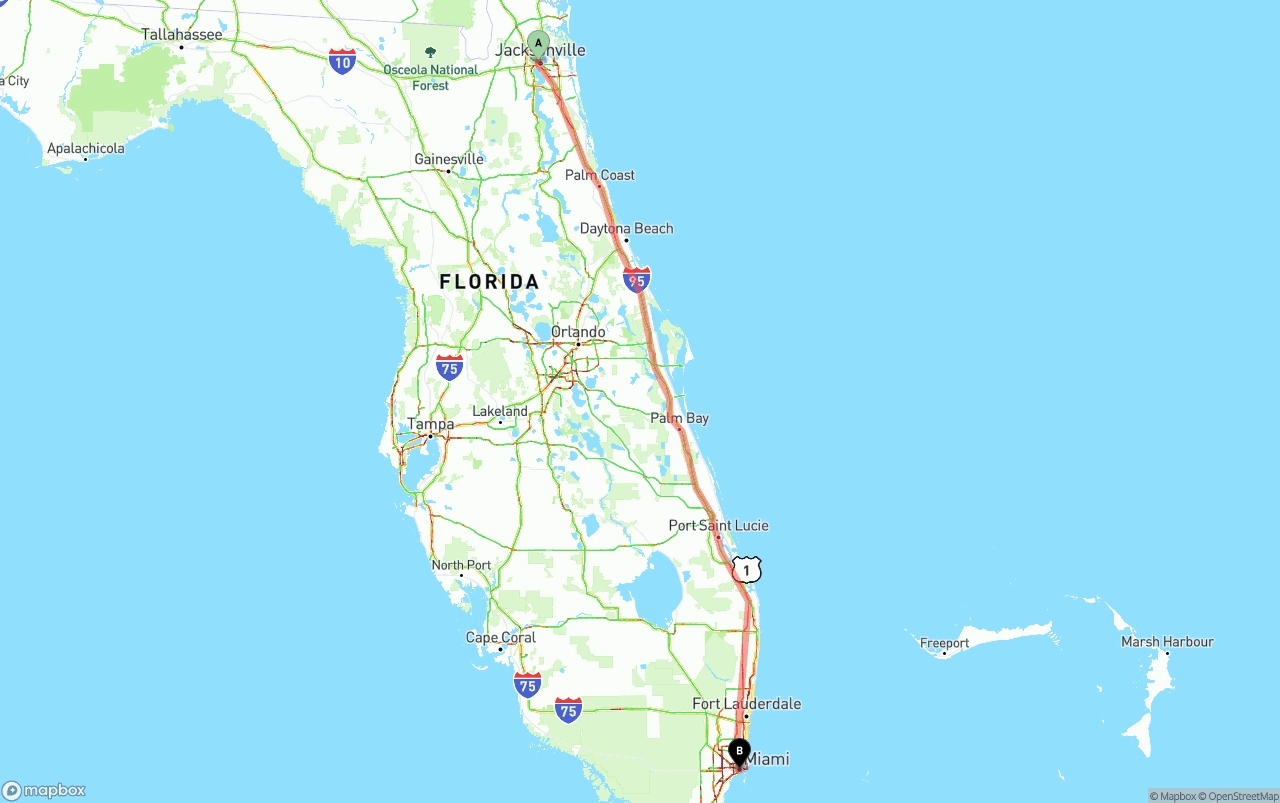 Shipping route from Jacksonville to Miami