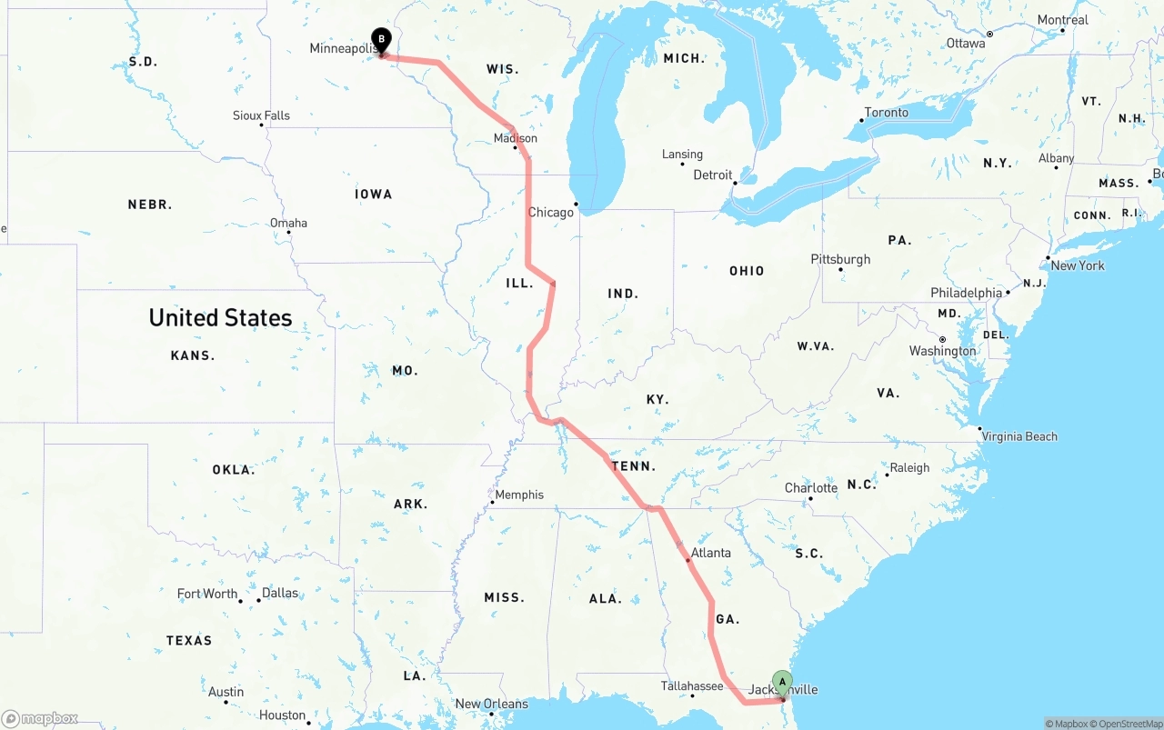 Shipping route from Jacksonville to Minneapolis