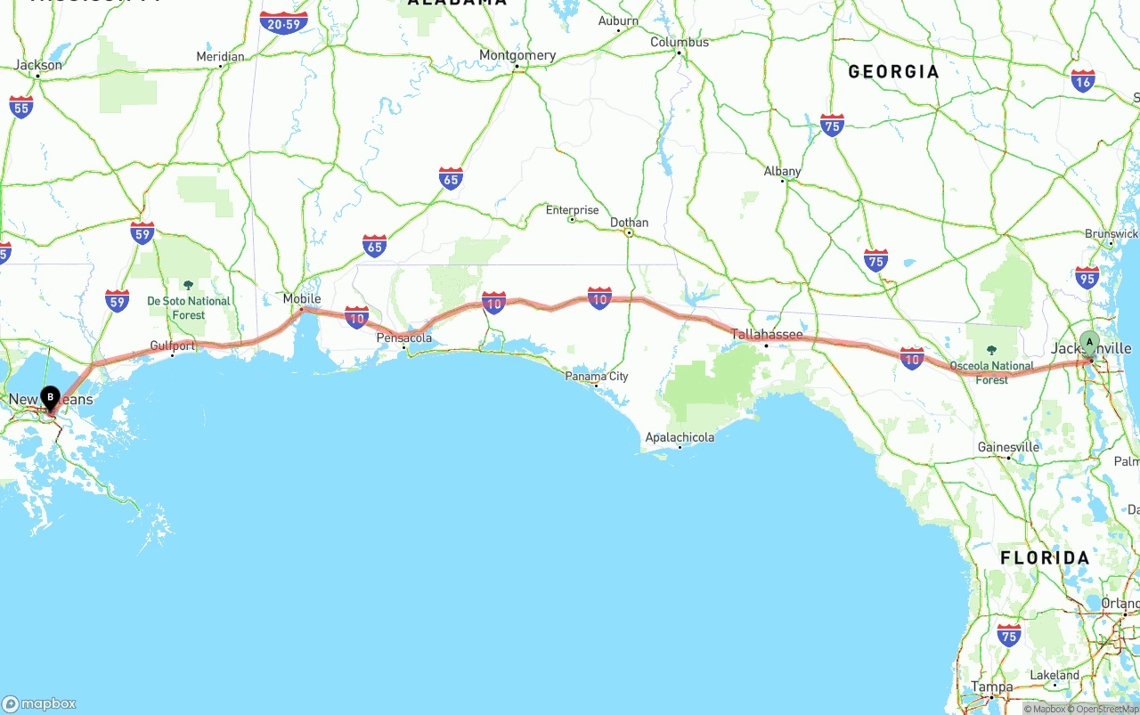Shipping route from Jacksonville to New Orleans