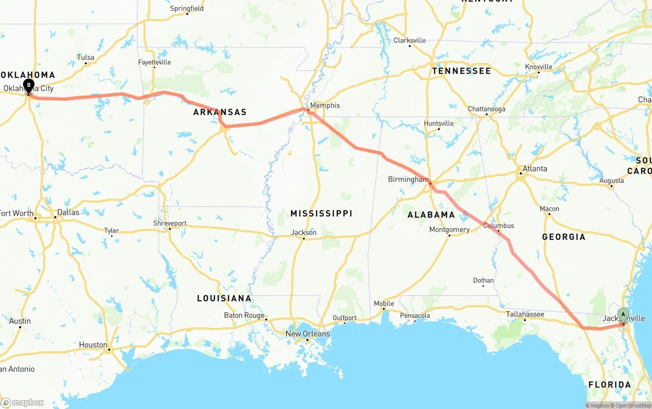 Shipping route from Jacksonville to Oklahoma City