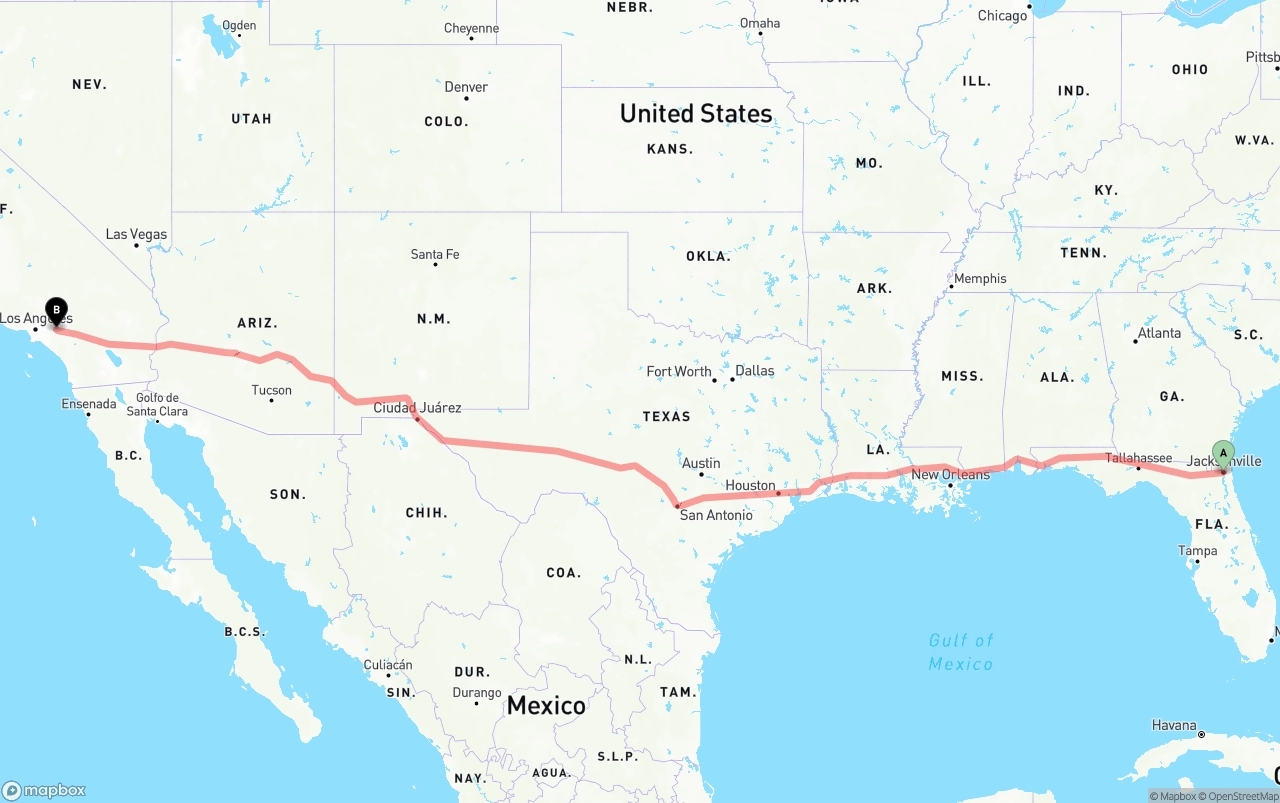 Shipping route from Jacksonville to Ontario International Airport