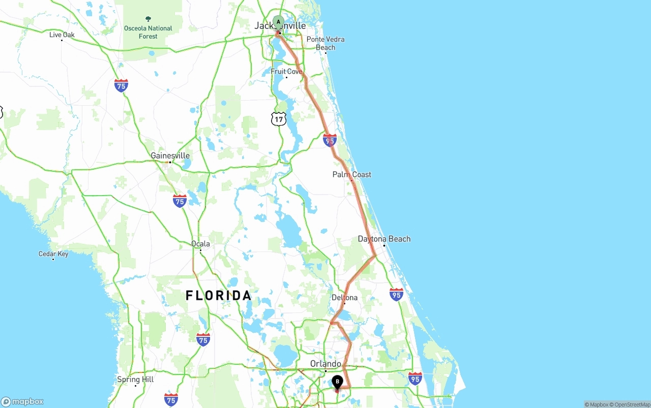 Shipping route from Jacksonville to Orlando International Airport