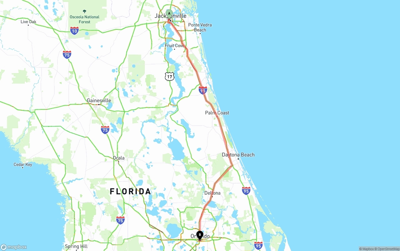 Shipping route from Jacksonville to Orlando