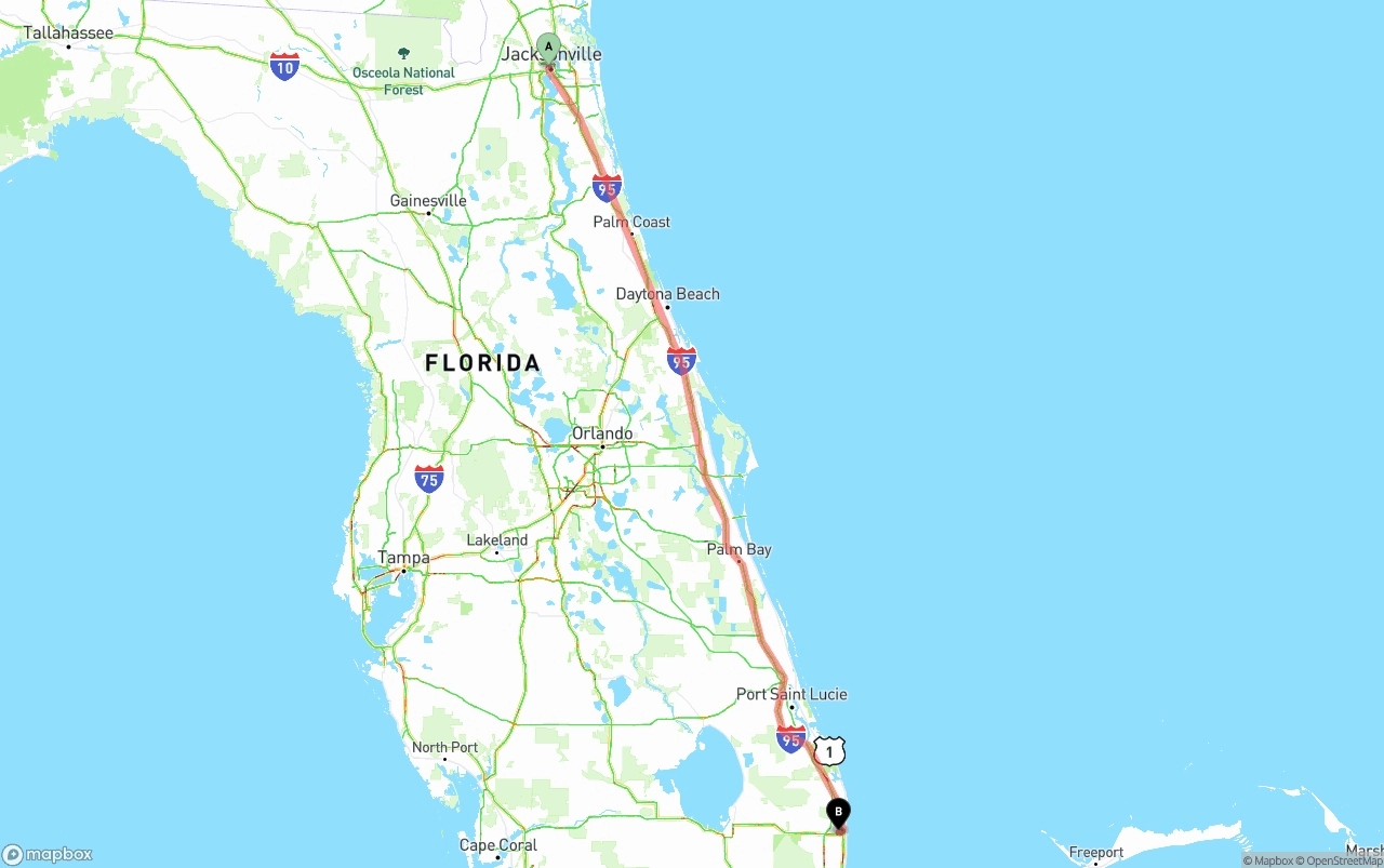Shipping route from Jacksonville to Palm Beach International Airport