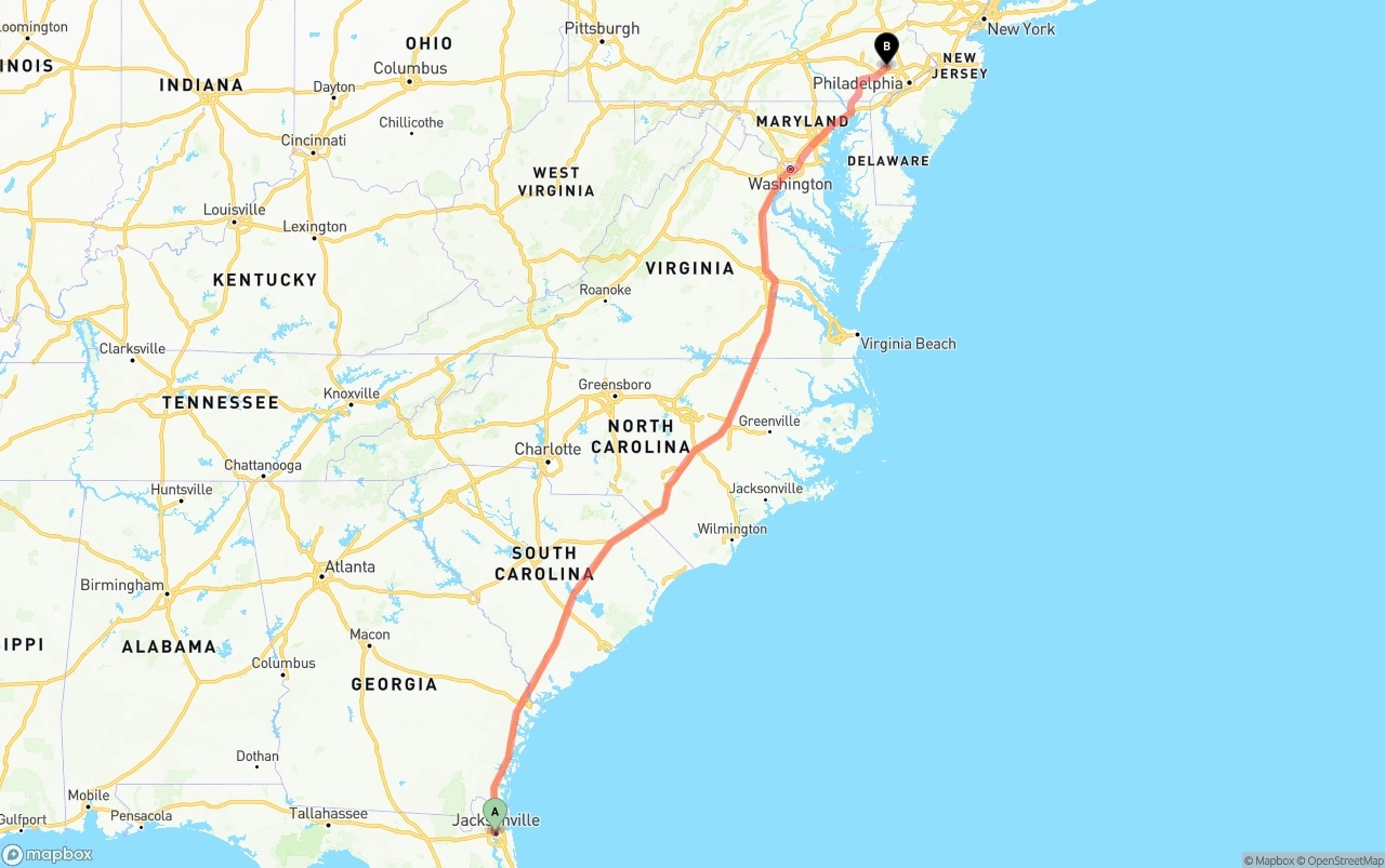 Shipping route from Jacksonville to Phoenix