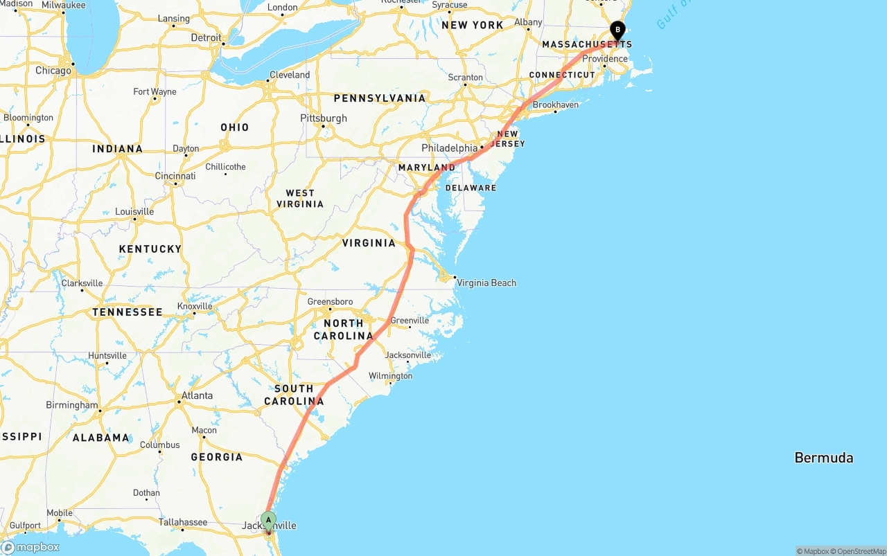 Shipping route from Jacksonville to Port of Boston