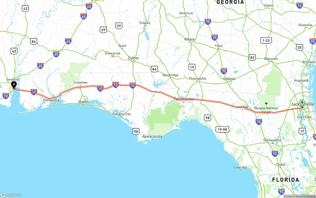 Shipping route from Jacksonville to Port of Mobile